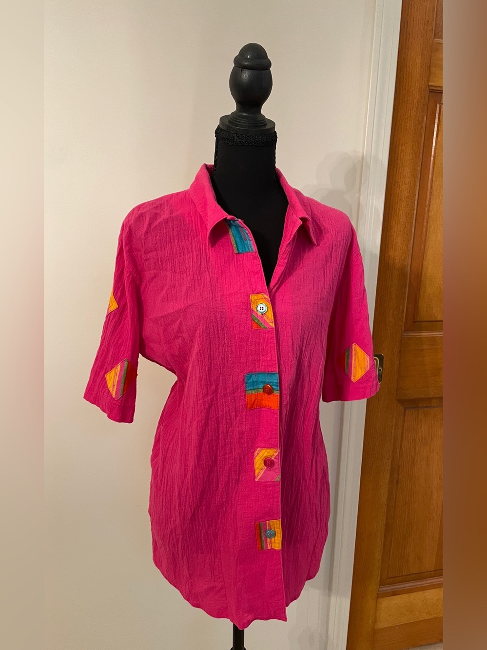 Vintage 90s Bonnie Boynton Artsy Pink Top Resortwear Shirt Button Gauze Cotton L - Picture 2 of 8